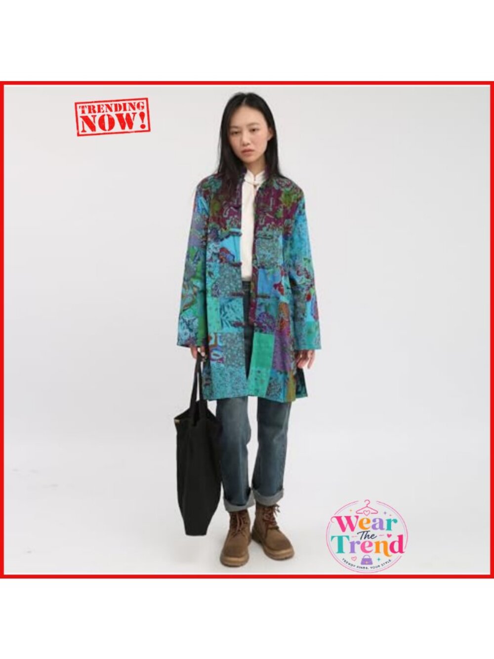 Boho Floral Patchwork Jacket Lightweight Plaid Windbreaker Coat - Picture 4 of 6